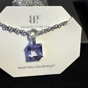 Silver tone Necklace with Lavender topaz CZ Square Stone Pendant.